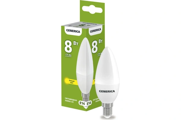 Лампа светодиодная Е14  8Вт Led 3000К теплый свет свеча Generica IEK