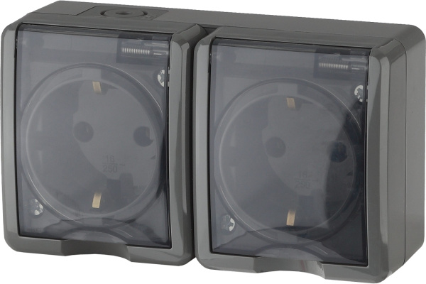 Розетка откр.установки 2-мест с/з с крышкой IP54 серая Эксперт Эра(8)